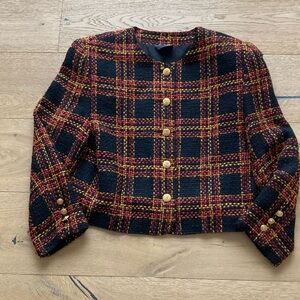 Chic Petite Black and Red Plaid Blazer with Gold Buttons